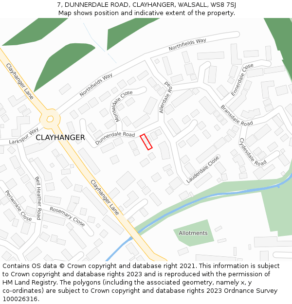 7, DUNNERDALE ROAD, CLAYHANGER, WALSALL, WS8 7SJ: Location map and indicative extent of plot