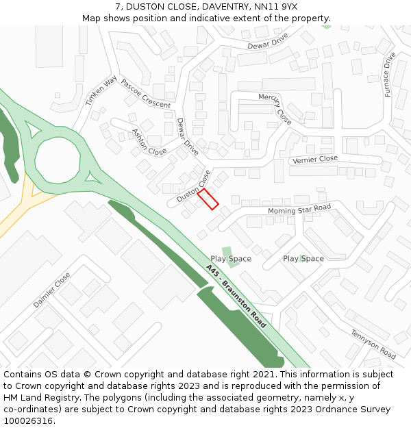 7, DUSTON CLOSE, DAVENTRY, NN11 9YX: Location map and indicative extent of plot