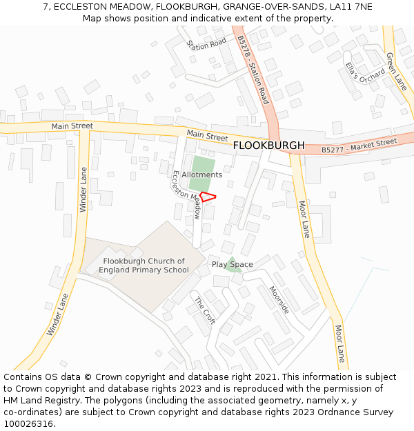 7, ECCLESTON MEADOW, FLOOKBURGH, GRANGE-OVER-SANDS, LA11 7NE: Location map and indicative extent of plot
