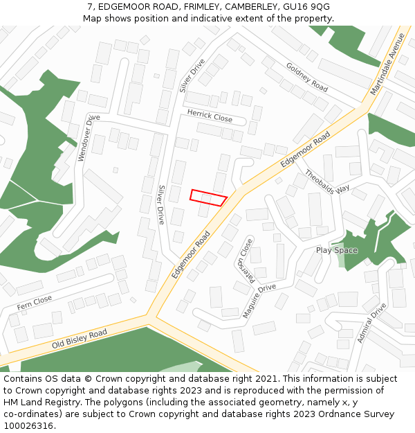 7, EDGEMOOR ROAD, FRIMLEY, CAMBERLEY, GU16 9QG: Location map and indicative extent of plot