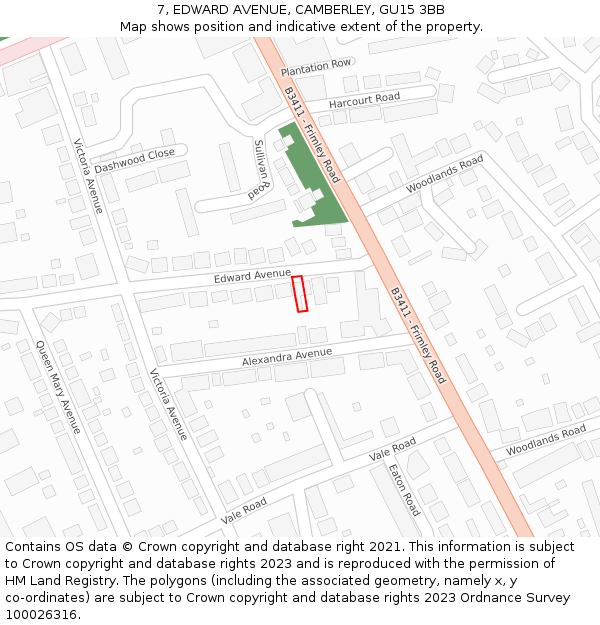 7, EDWARD AVENUE, CAMBERLEY, GU15 3BB: Location map and indicative extent of plot