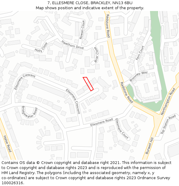 7, ELLESMERE CLOSE, BRACKLEY, NN13 6BU: Location map and indicative extent of plot