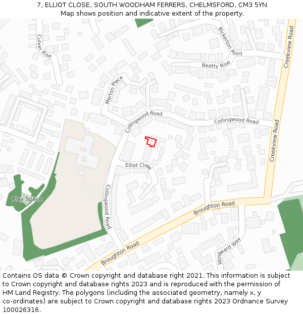 7, ELLIOT CLOSE, SOUTH WOODHAM FERRERS, CHELMSFORD, CM3 5YN: Location map and indicative extent of plot