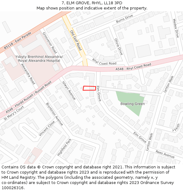 7, ELM GROVE, RHYL, LL18 3PD: Location map and indicative extent of plot