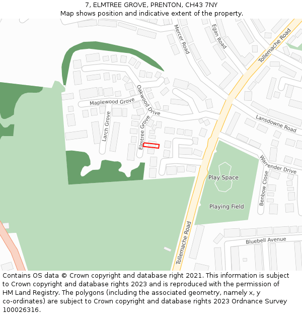 7, ELMTREE GROVE, PRENTON, CH43 7NY: Location map and indicative extent of plot