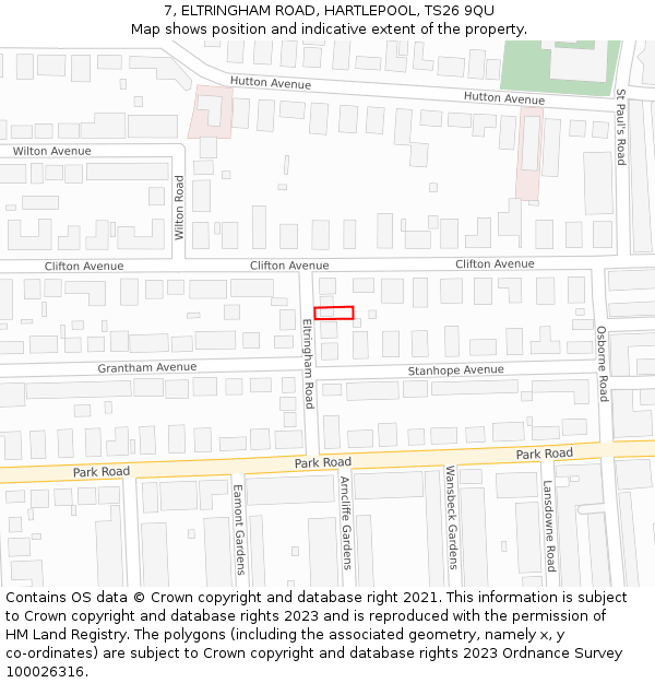 7, ELTRINGHAM ROAD, HARTLEPOOL, TS26 9QU: Location map and indicative extent of plot