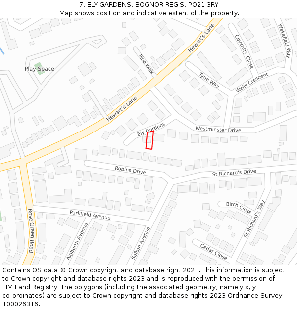 7, ELY GARDENS, BOGNOR REGIS, PO21 3RY: Location map and indicative extent of plot