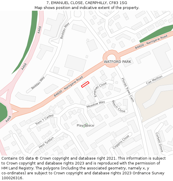 7, EMANUEL CLOSE, CAERPHILLY, CF83 1SG: Location map and indicative extent of plot