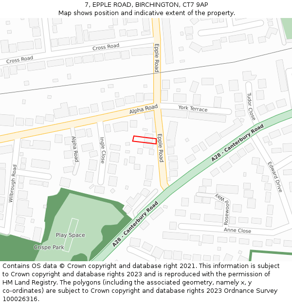 7, EPPLE ROAD, BIRCHINGTON, CT7 9AP: Location map and indicative extent of plot