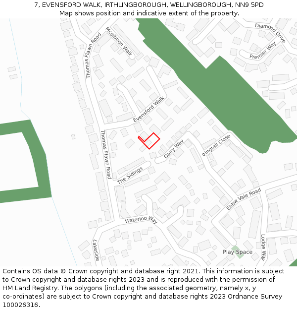 7, EVENSFORD WALK, IRTHLINGBOROUGH, WELLINGBOROUGH, NN9 5PD: Location map and indicative extent of plot