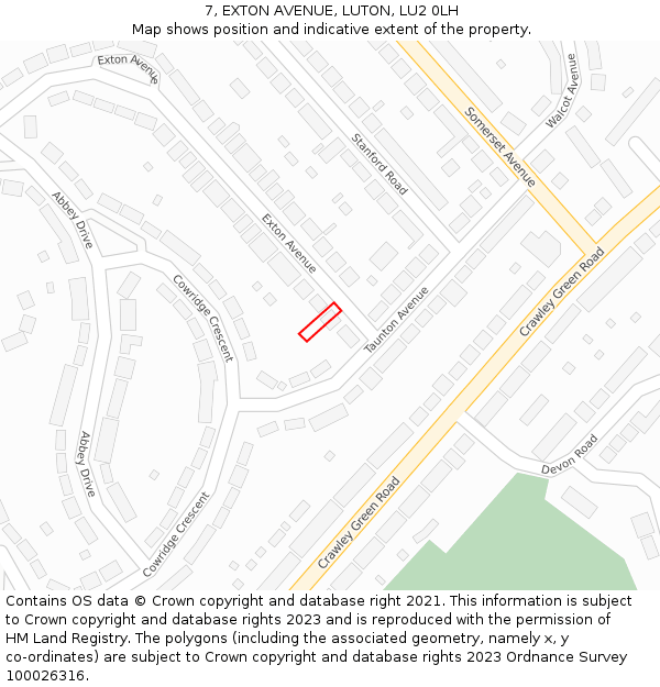 7, EXTON AVENUE, LUTON, LU2 0LH: Location map and indicative extent of plot