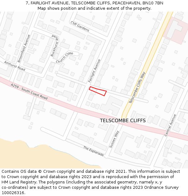 7, FAIRLIGHT AVENUE, TELSCOMBE CLIFFS, PEACEHAVEN, BN10 7BN: Location map and indicative extent of plot