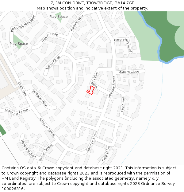 7, FALCON DRIVE, TROWBRIDGE, BA14 7GE: Location map and indicative extent of plot