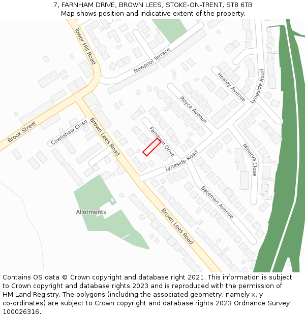 7, FARNHAM DRIVE, BROWN LEES, STOKE-ON-TRENT, ST8 6TB: Location map and indicative extent of plot