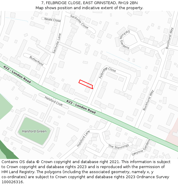 7, FELBRIDGE CLOSE, EAST GRINSTEAD, RH19 2BN: Location map and indicative extent of plot