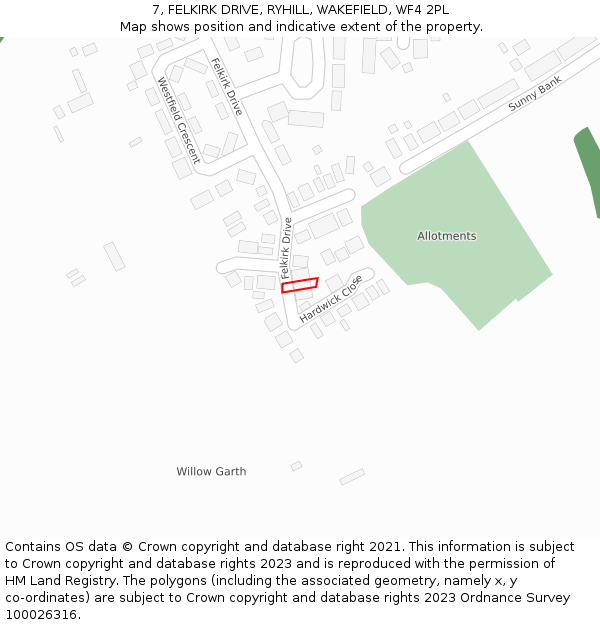 7, FELKIRK DRIVE, RYHILL, WAKEFIELD, WF4 2PL: Location map and indicative extent of plot