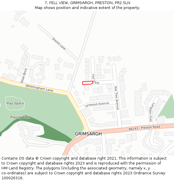 7, FELL VIEW, GRIMSARGH, PRESTON, PR2 5LN: Location map and indicative extent of plot