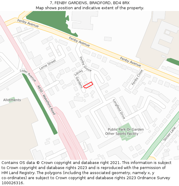 7, FENBY GARDENS, BRADFORD, BD4 8RX: Location map and indicative extent of plot