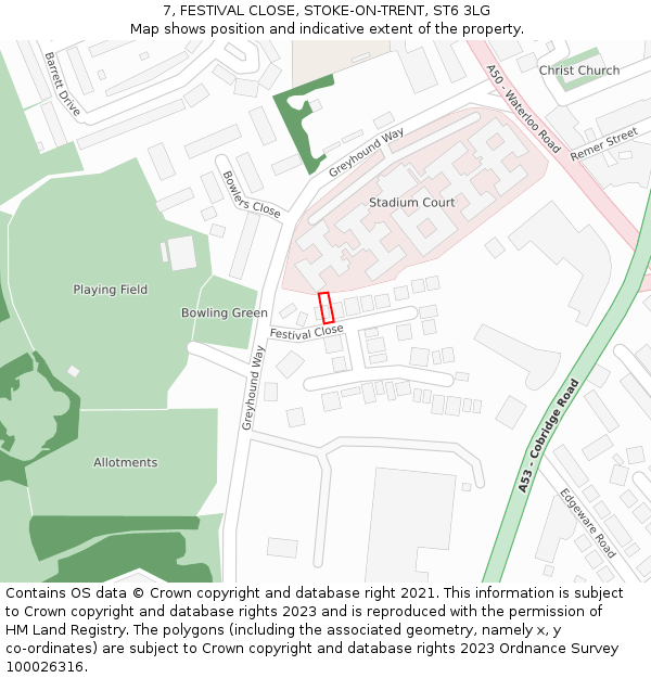 7, FESTIVAL CLOSE, STOKE-ON-TRENT, ST6 3LG: Location map and indicative extent of plot