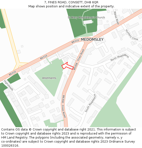 7, FINES ROAD, CONSETT, DH8 6QR: Location map and indicative extent of plot