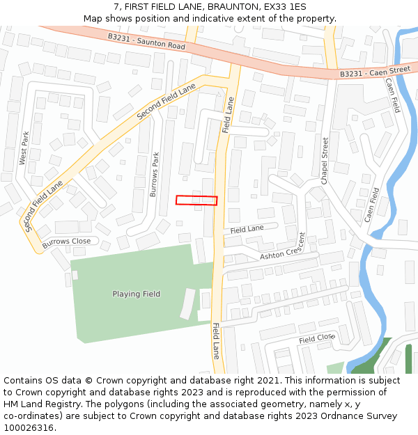 7, FIRST FIELD LANE, BRAUNTON, EX33 1ES: Location map and indicative extent of plot