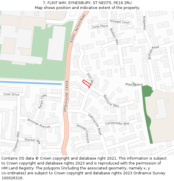 7, FLINT WAY, EYNESBURY, ST NEOTS, PE19 2RU: Location map and indicative extent of plot