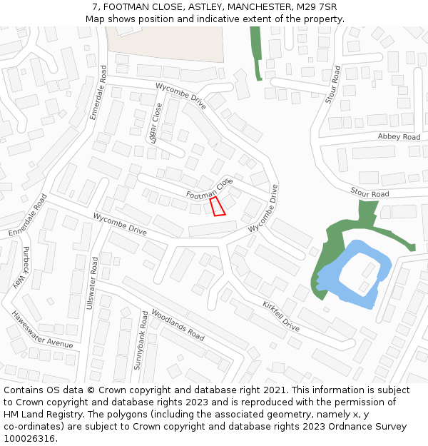 7, FOOTMAN CLOSE, ASTLEY, MANCHESTER, M29 7SR: Location map and indicative extent of plot