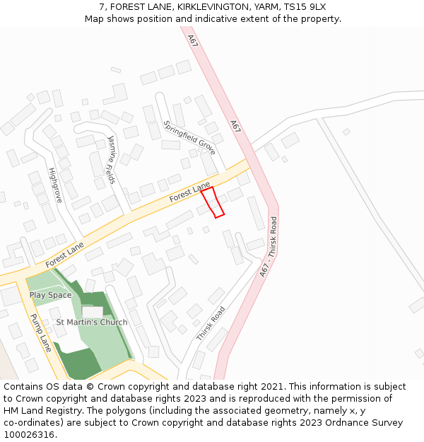 7, FOREST LANE, KIRKLEVINGTON, YARM, TS15 9LX: Location map and indicative extent of plot