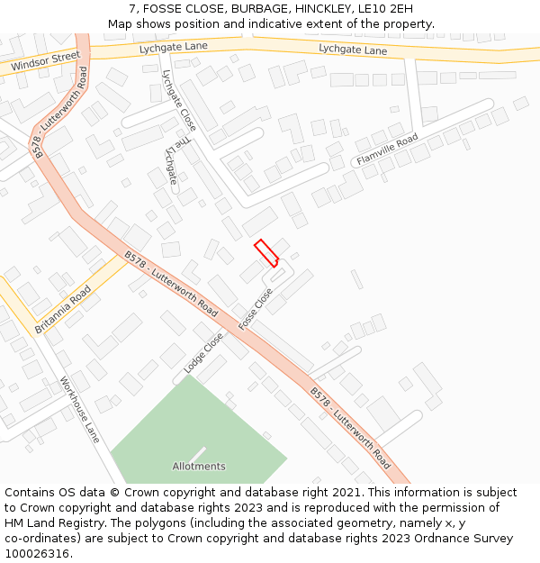 7, FOSSE CLOSE, BURBAGE, HINCKLEY, LE10 2EH: Location map and indicative extent of plot