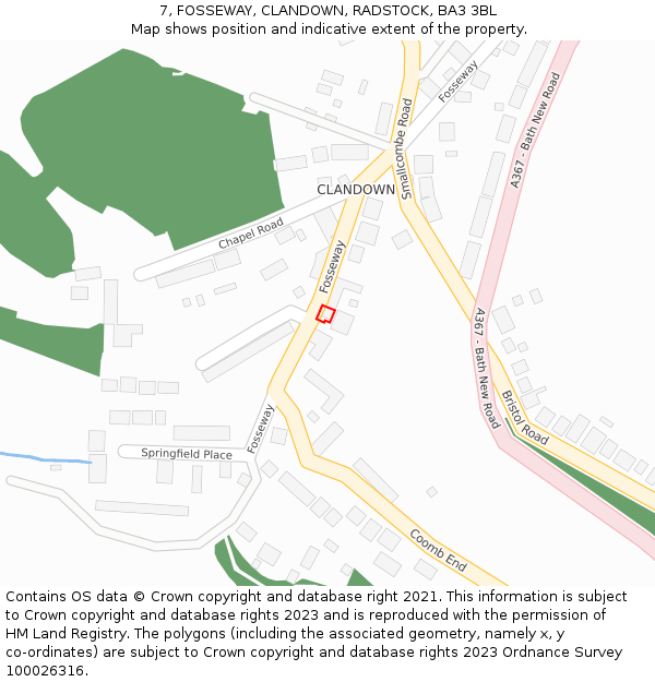 7, FOSSEWAY, CLANDOWN, RADSTOCK, BA3 3BL: Location map and indicative extent of plot
