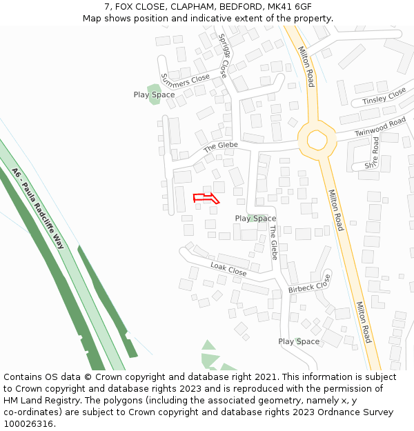 7, FOX CLOSE, CLAPHAM, BEDFORD, MK41 6GF: Location map and indicative extent of plot