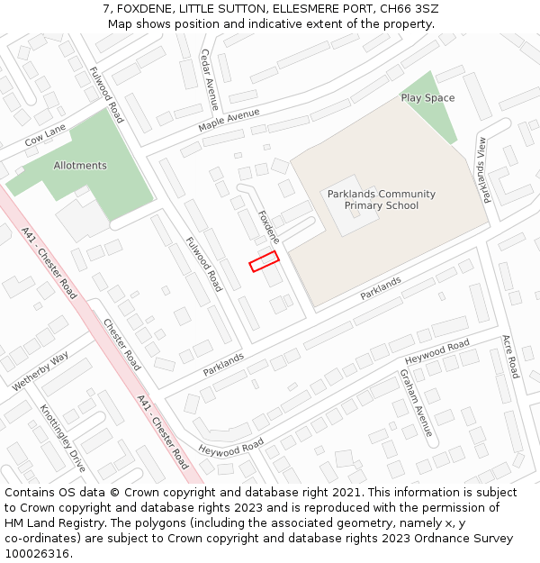 7, FOXDENE, LITTLE SUTTON, ELLESMERE PORT, CH66 3SZ: Location map and indicative extent of plot