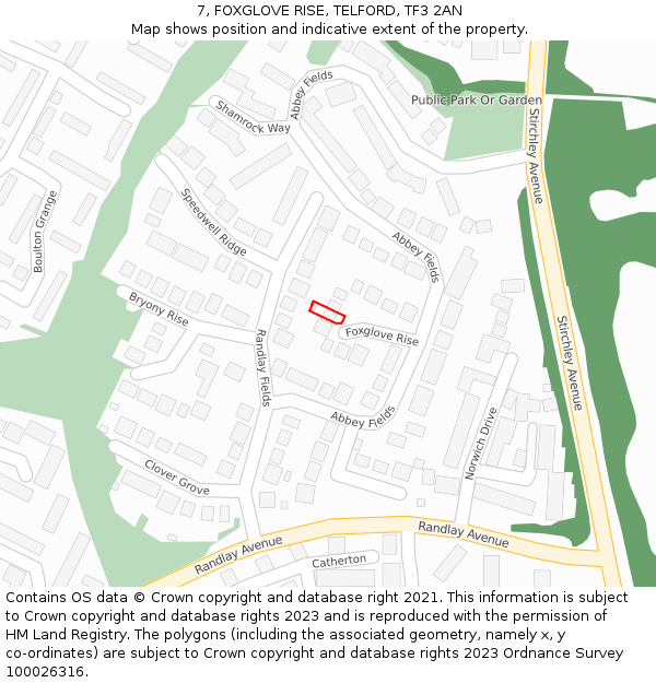 7, FOXGLOVE RISE, TELFORD, TF3 2AN: Location map and indicative extent of plot