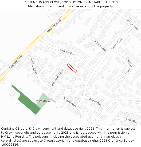 7, FRENCHMANS CLOSE, TODDINGTON, DUNSTABLE, LU5 6BD: Location map and indicative extent of plot