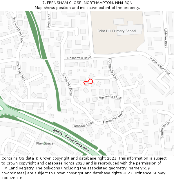 7, FRENSHAM CLOSE, NORTHAMPTON, NN4 8QN: Location map and indicative extent of plot