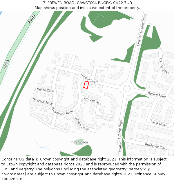 7, FREWEN ROAD, CAWSTON, RUGBY, CV22 7UB: Location map and indicative extent of plot