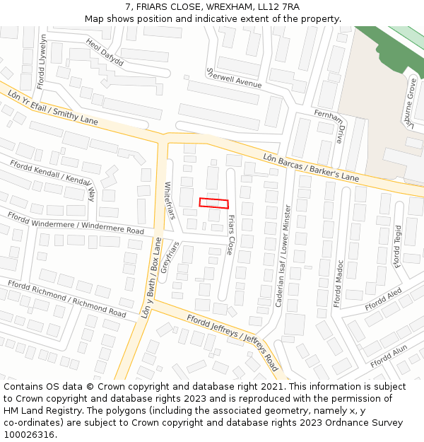 7, FRIARS CLOSE, WREXHAM, LL12 7RA: Location map and indicative extent of plot