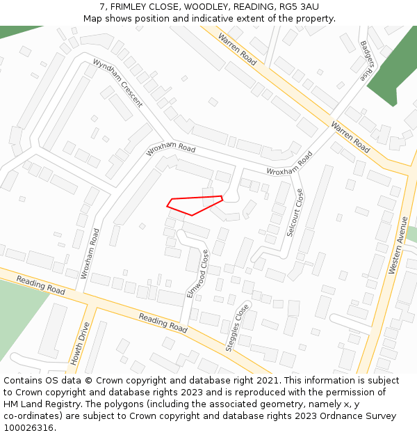 7, FRIMLEY CLOSE, WOODLEY, READING, RG5 3AU: Location map and indicative extent of plot