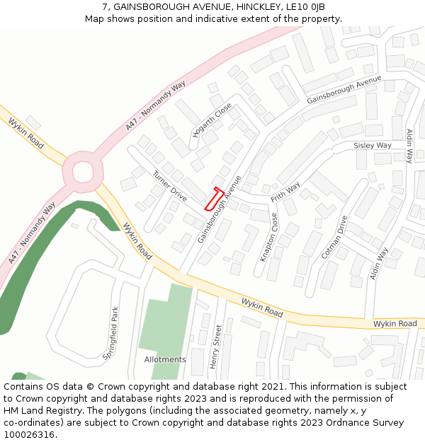 7, GAINSBOROUGH AVENUE, HINCKLEY, LE10 0JB: Location map and indicative extent of plot