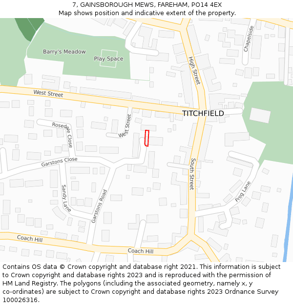 7, GAINSBOROUGH MEWS, FAREHAM, PO14 4EX: Location map and indicative extent of plot