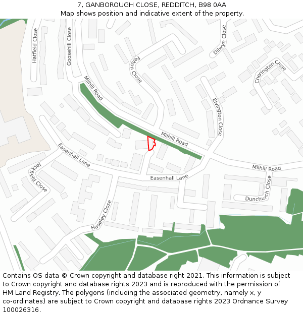 7, GANBOROUGH CLOSE, REDDITCH, B98 0AA: Location map and indicative extent of plot