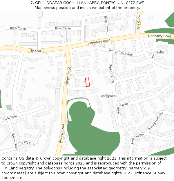 7, GELLI DDAEAR GOCH, LLANHARRY, PONTYCLUN, CF72 9WE: Location map and indicative extent of plot