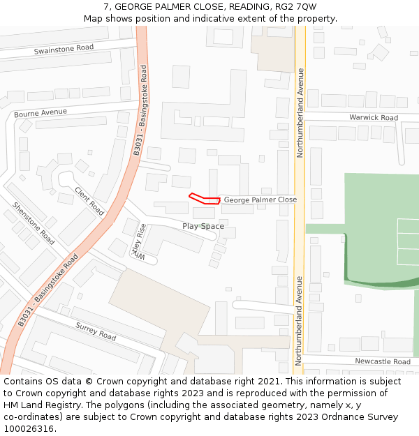 7, GEORGE PALMER CLOSE, READING, RG2 7QW: Location map and indicative extent of plot