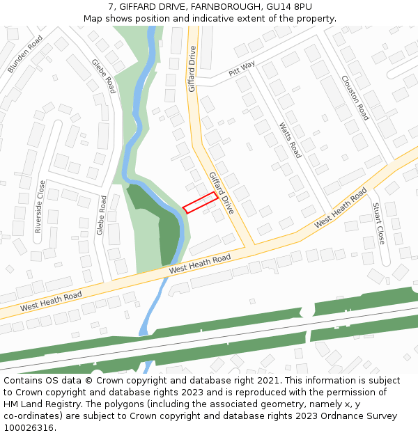 7, GIFFARD DRIVE, FARNBOROUGH, GU14 8PU: Location map and indicative extent of plot