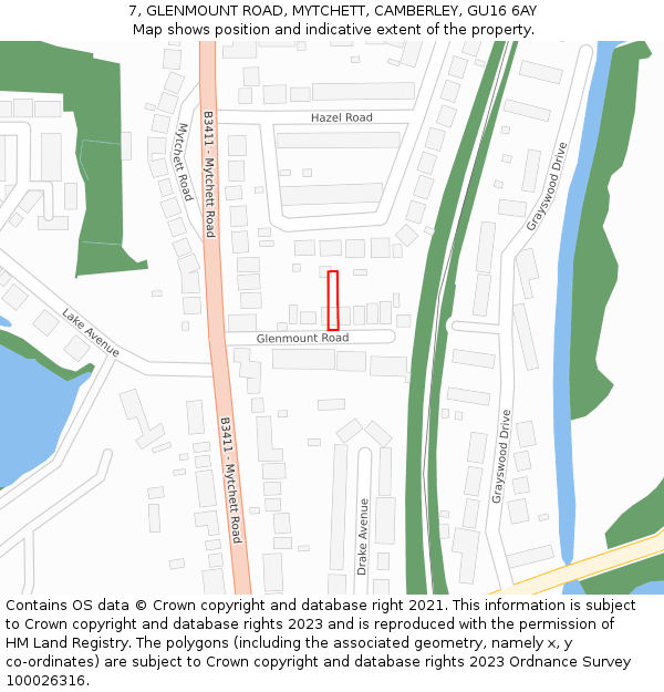 7, GLENMOUNT ROAD, MYTCHETT, CAMBERLEY, GU16 6AY: Location map and indicative extent of plot