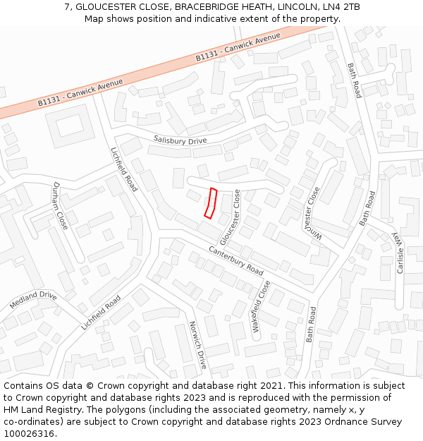 7, GLOUCESTER CLOSE, BRACEBRIDGE HEATH, LINCOLN, LN4 2TB: Location map and indicative extent of plot