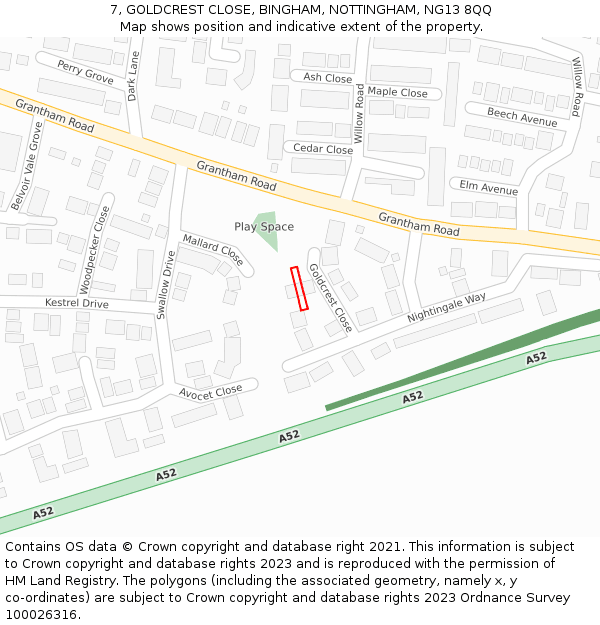 7, GOLDCREST CLOSE, BINGHAM, NOTTINGHAM, NG13 8QQ: Location map and indicative extent of plot