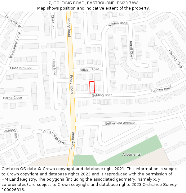 7, GOLDING ROAD, EASTBOURNE, BN23 7AW: Location map and indicative extent of plot