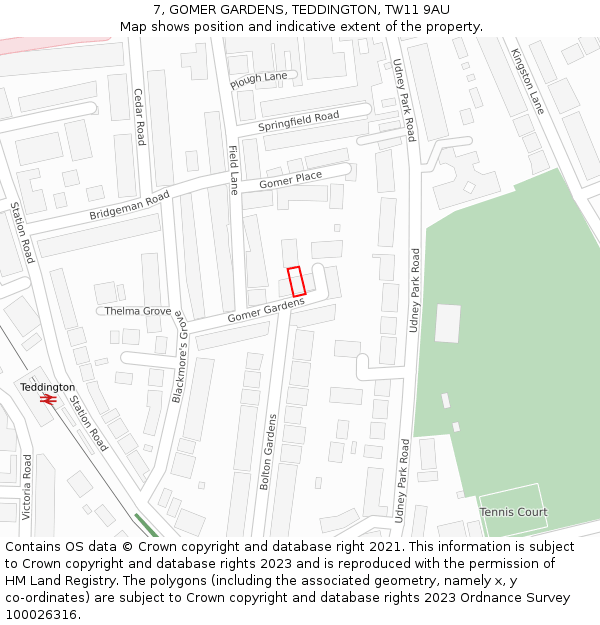 7, GOMER GARDENS, TEDDINGTON, TW11 9AU: Location map and indicative extent of plot