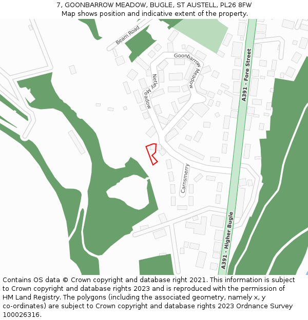 7, GOONBARROW MEADOW, BUGLE, ST AUSTELL, PL26 8FW: Location map and indicative extent of plot